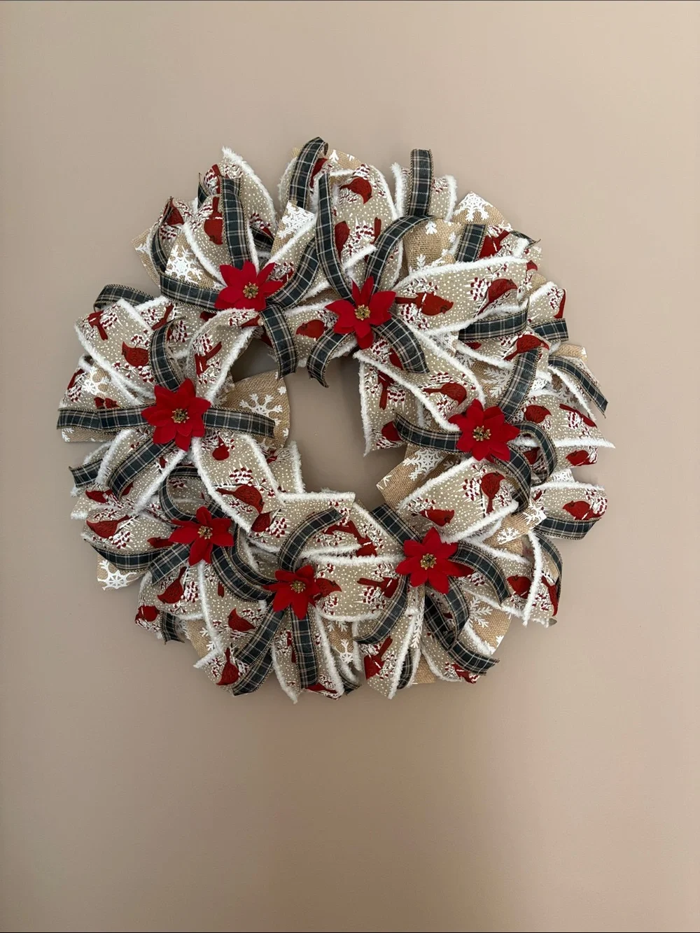 Burlap Holiday Wreath with Red Poinsettias and Plaid Ribbon